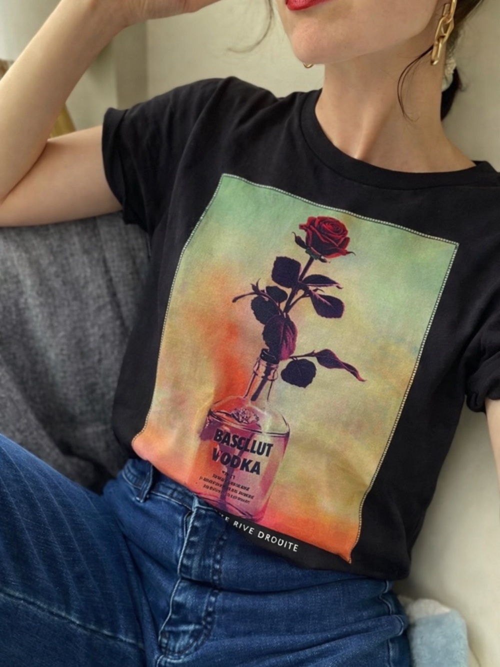 Bastille Rive Droite Graphic Tee Absolut Vodka Rose Print Designer T-Shirt XS